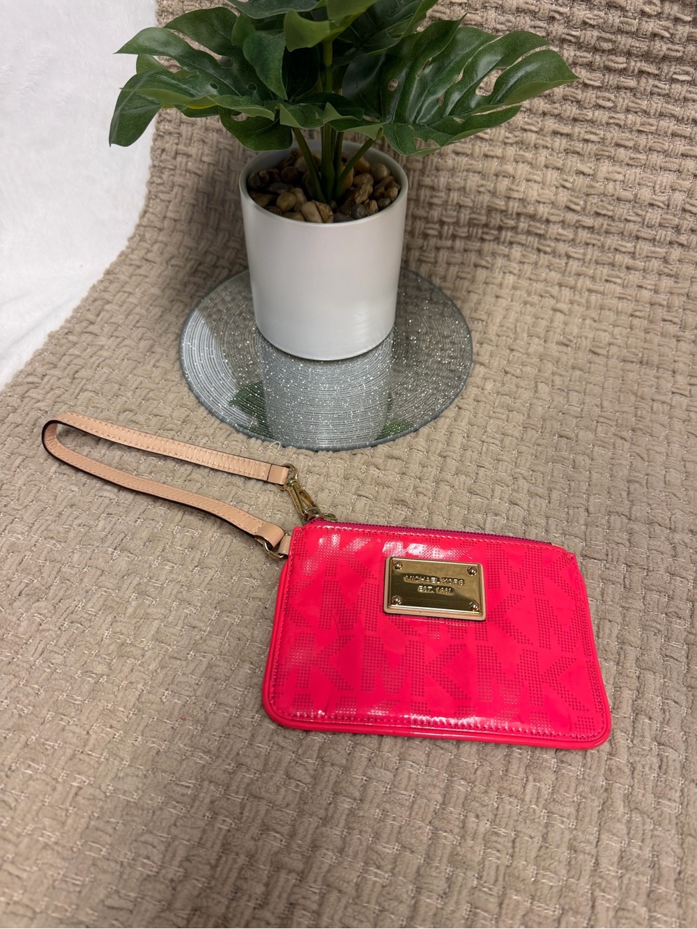 Michael Kors Hot Pink Patent Leather Wristlet with Beige Strap